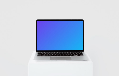 MacBook mockup on a tall white stool