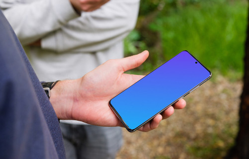 Man holding Samsung Galaxy S20 mockup with a friend