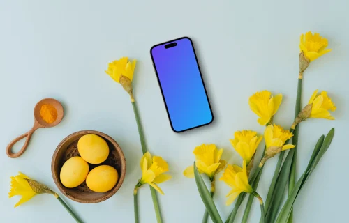 Smartphone mockup with yellow Easter eggs
