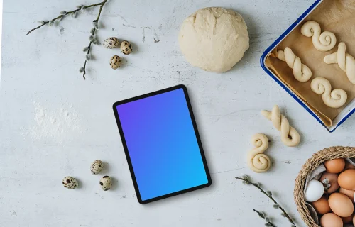 Tablet mockup with Easter pastries being made