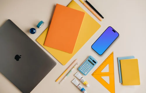 Top view of smartphone mockup with back to school elements