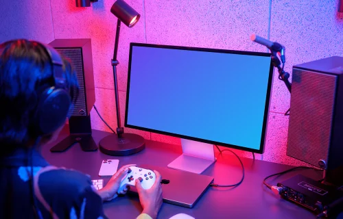 Apple Studio Display mockup in Gamer's Neon-Lit Setup