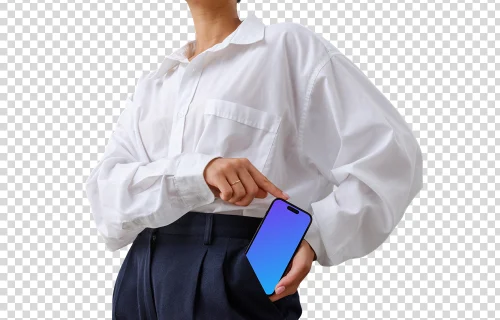 Businesswoman with an iPhone mockup in her pocket