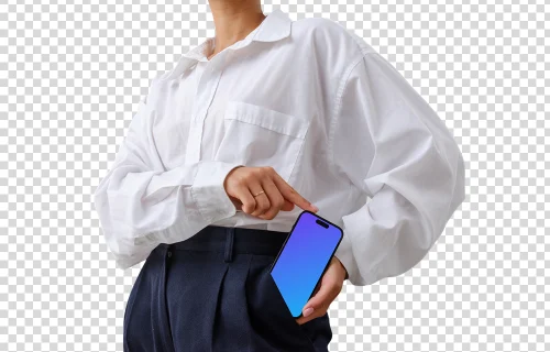 Mujer de negocios con un iPhone mockup en el bolsillo