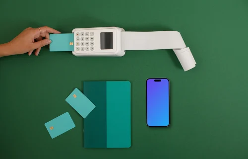 Card payment terminal and an iPhone mockup