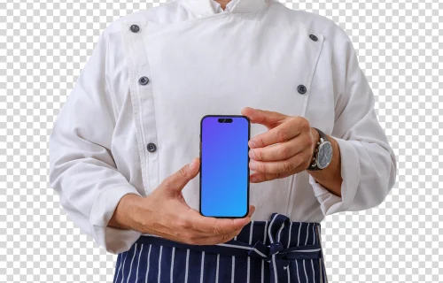 Chef confidently holding an iPhone 14 Pro mockup