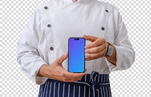 Chef confidently holding an iPhone 14 Pro mockup