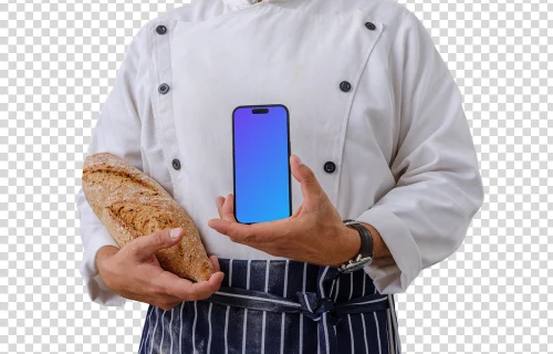 Chef tenant fermement un iPhone et un pain