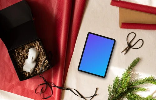 Christmas tablet mockup with gifts on the side