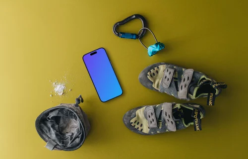 Climbing equipment with iPhone mockup