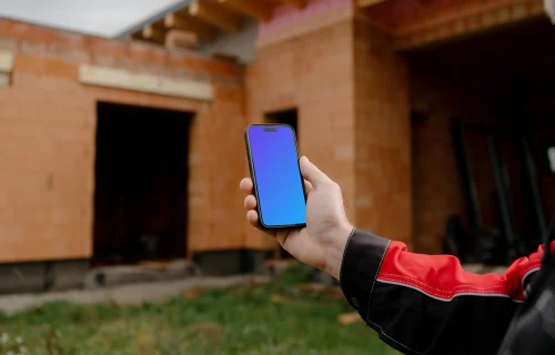 Construction worker with an iPhone 15 Pro mockup