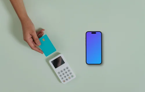 Credit card terminal next to the iPhone mockup