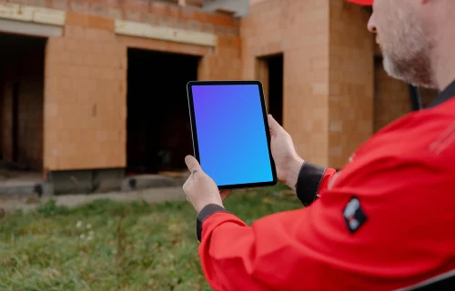 Designer on the construction site working on the iPad mockup