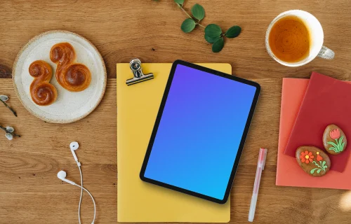 Easter tablet mockup on wooden table