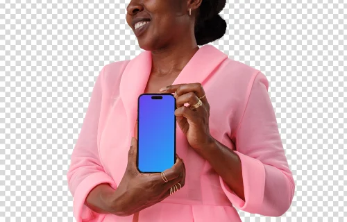 Female entrepreneur holding an iPhone 14 Pro mockup