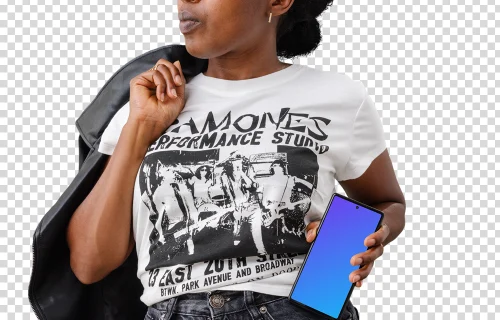 Female fashion lover holding a Google Pixel 6 mockup