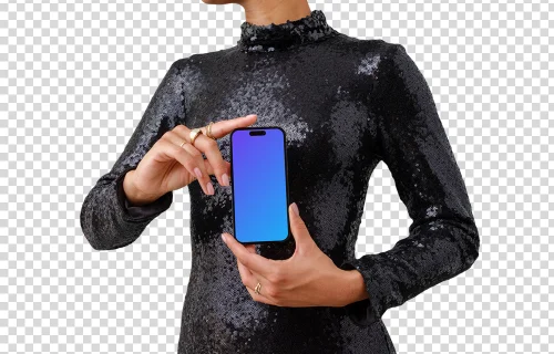 Mujer con ropa extravagante y un iPhone mockup