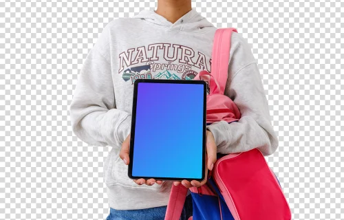 Female student holding an iPad device mockup