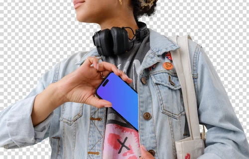 Female student with an iPhone 14 Pro mockup