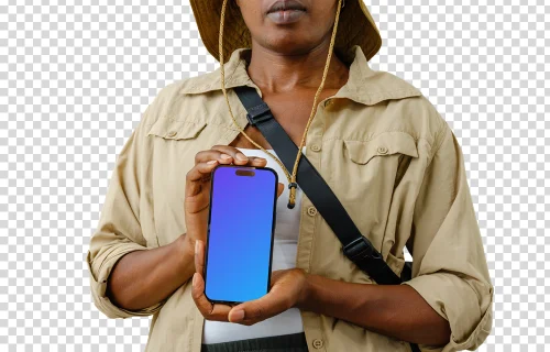 Turista con un teléfono en la mano mockup