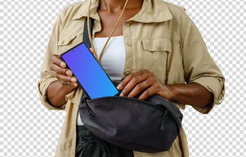 Mujer turista con un Google Pixel 6 mockup en su bolso