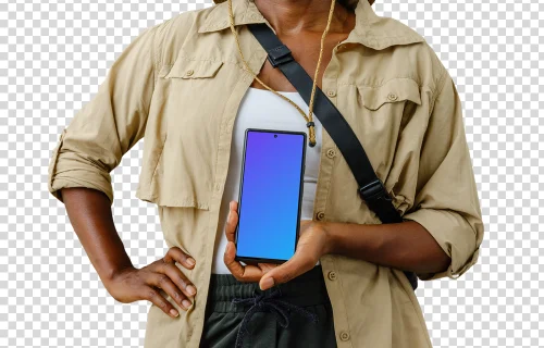 Mujer viajera sosteniendo un Google Pixel 6 mockup