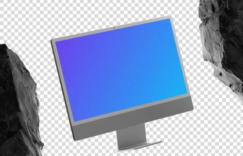 Free iMac mockup with rocky textures and dynamic shadows