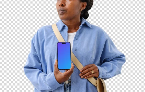 Grátis Mockup de Mulher segurando o iPhone 14 Pro 