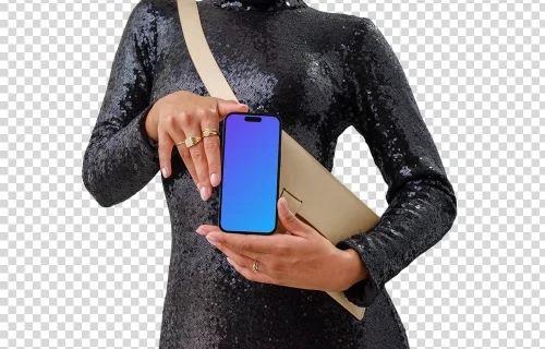 Vestido glamuroso y un iPhone 14 Pro mockup