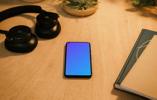 Google Pixel 5 mockup con un par de auriculares en el lateral