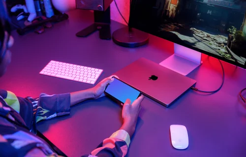 Google Pixel 6 mockup in a neon-lit gaming setup