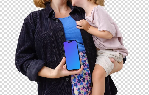 Feliz momento madre-hijo con un iPhone mockup