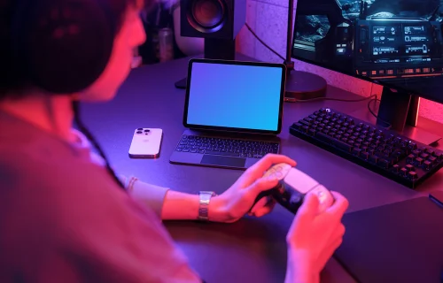 iPad Air mockup in a gaming setup with ambient lighting