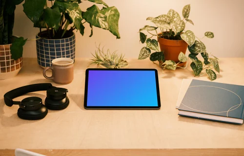 iPad Air mockup in elevated reading position beside multiple potted plants