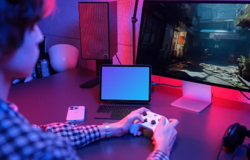 iPad Air Mockup in Gaming Setup with Controller and LED Lights