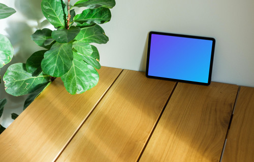 iPad Air mockup leaning on a wall beside a plant