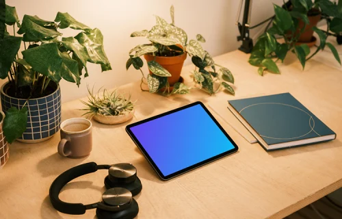 iPad Air mockup on a table beside multiple potted plants