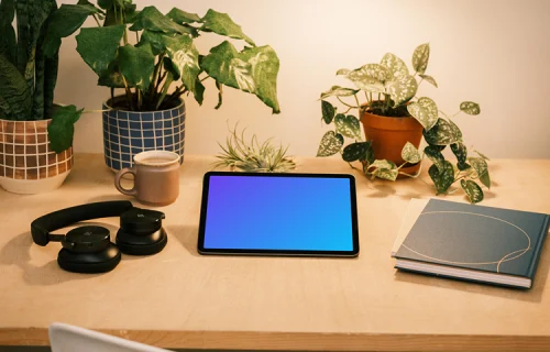 iPad Air mockup on a table with potted plants at the side