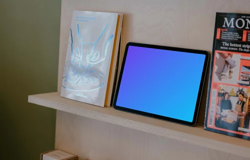 iPad Air mockup on wooden shelf