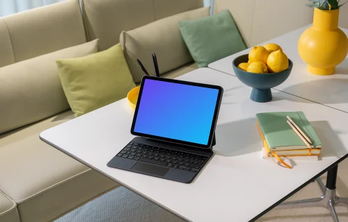 iPad Air mockup with keyboard on a modern living room table