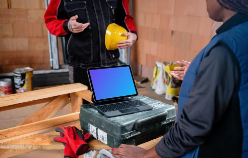 iPad mockup in the construction project ground