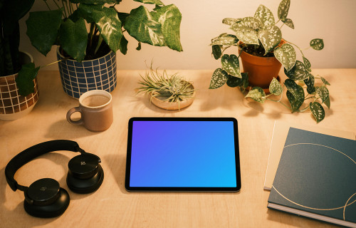 iPad mockup on a table with a diary at the side