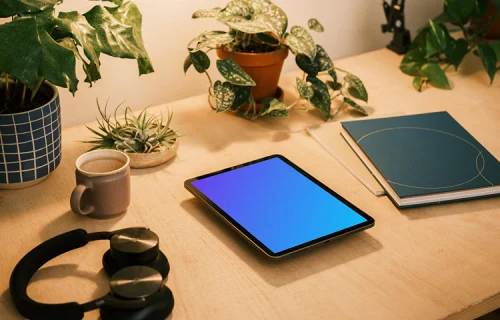 iPad mockup with a spiral bound notebook at the side