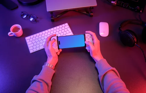 iPhone 15 Pro mockup for gaming with handheld controller