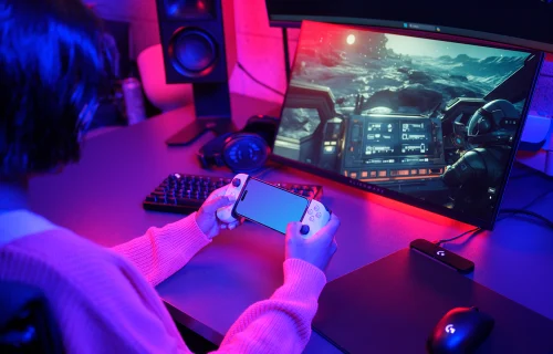 iPhone 15 Pro mockup gaming setup with dynamic lighting