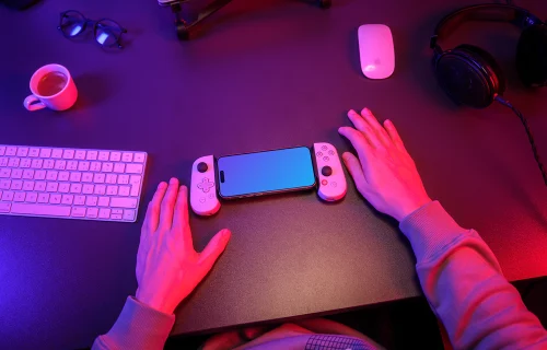 iPhone 15 Pro mockup gaming setup with handheld controller