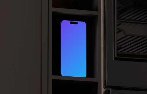 iPhone 16 mockup in a dark shelf scene