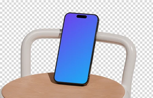 iPhone 16 mockup standing on a chair with no background