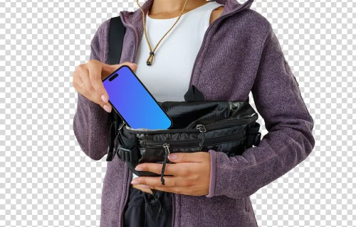 iPhone mockup en la mano de una turista