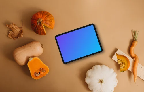 Landscape tablet mockup next to the pumpkin